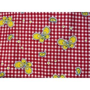 Vintage Butterfly Gingham Fabric Red Cottage Cotton 70s 1.5 Yards Picnic Summer